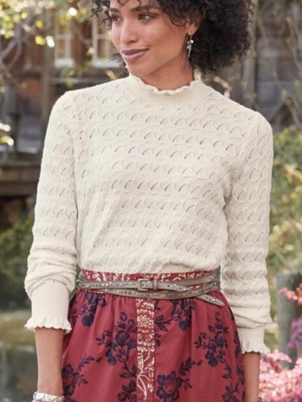 Sundance Cream Scallop-Textured Ruffled Moc Neck Sweater